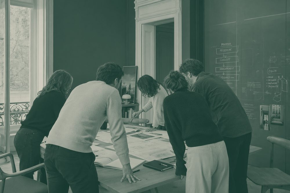 Atelier de travail collectif autour de documents et d'un tableau.