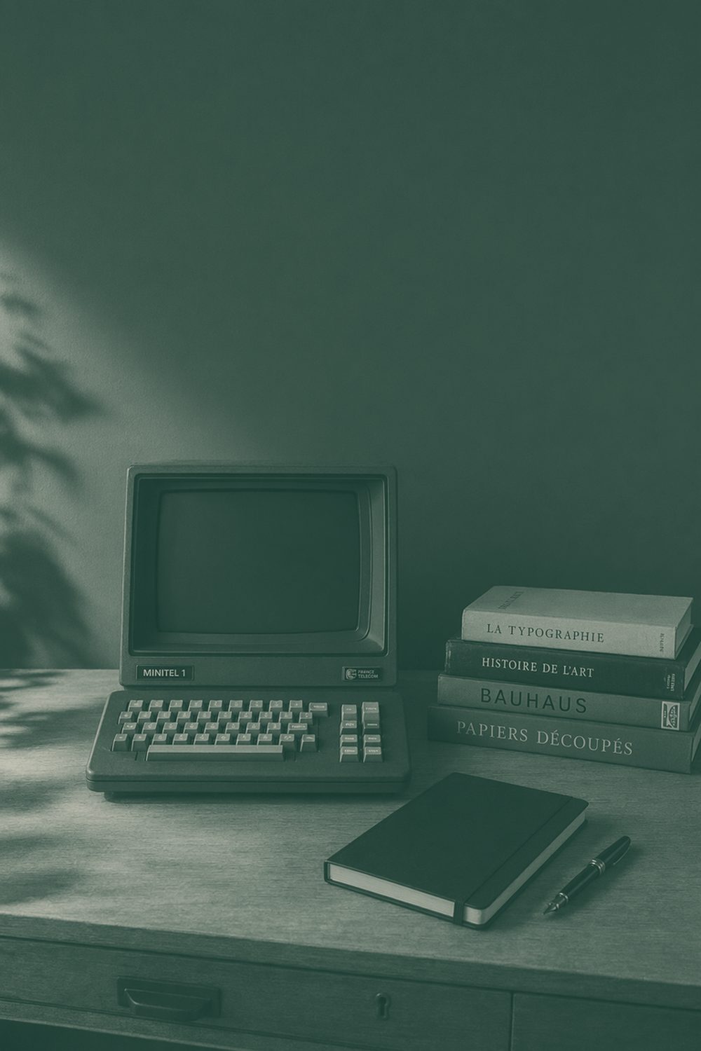Poste de travail : terminal Minitel, livres, carnet.